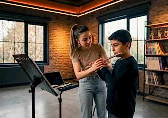 "Müzik Akademi yan flüt kursunda uzman genç eğitmen eşliğinde ilk diyafram ve nefes egzersizi çalışması."