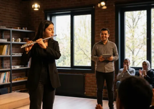 "Müzik Akademi yan flüt kursu mezuniyet performansı ve uzman genç eğitmen eşliğinde sahne deneyimi."